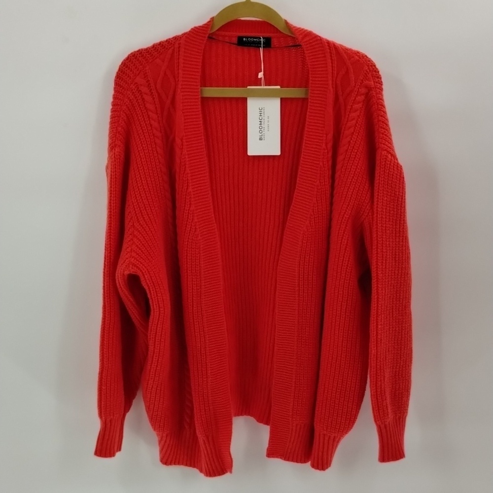 BloomChic open cardigan sweater coral pink orange size 2X cable knit Bloom chic